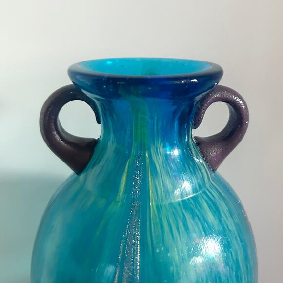 Dale Tiffany Favrile Amphora Art Glass Teal Blue Copper Aventurine 10" Vase EUC - Picture 7 of 10